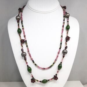 Vintage Gemstone Beaded Necklace, Garnet Clusters, Two Strands, 1990s Vintage